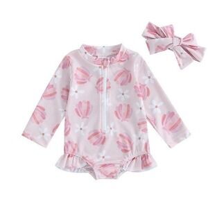 Unbranded Swimsuit Infant 12-18 Months Pink New Shell Rash Guard Headband